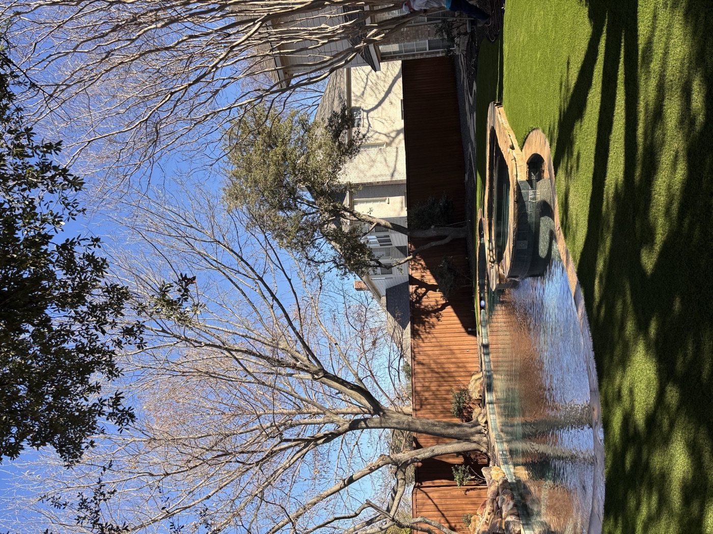 Backyard fire and water feature with fresh turf
