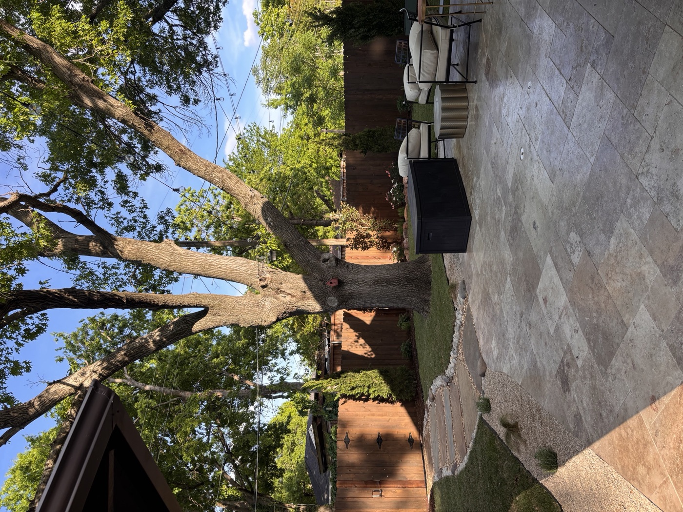 Backyard lounge with a fire table under mature trees